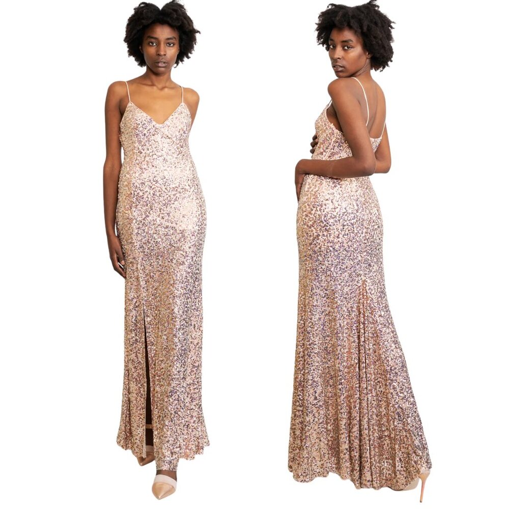 NWT Aniye By Sequin Gown Size 44 / 8 Gold Pink Maxi Slip Dress Evening Gown $500